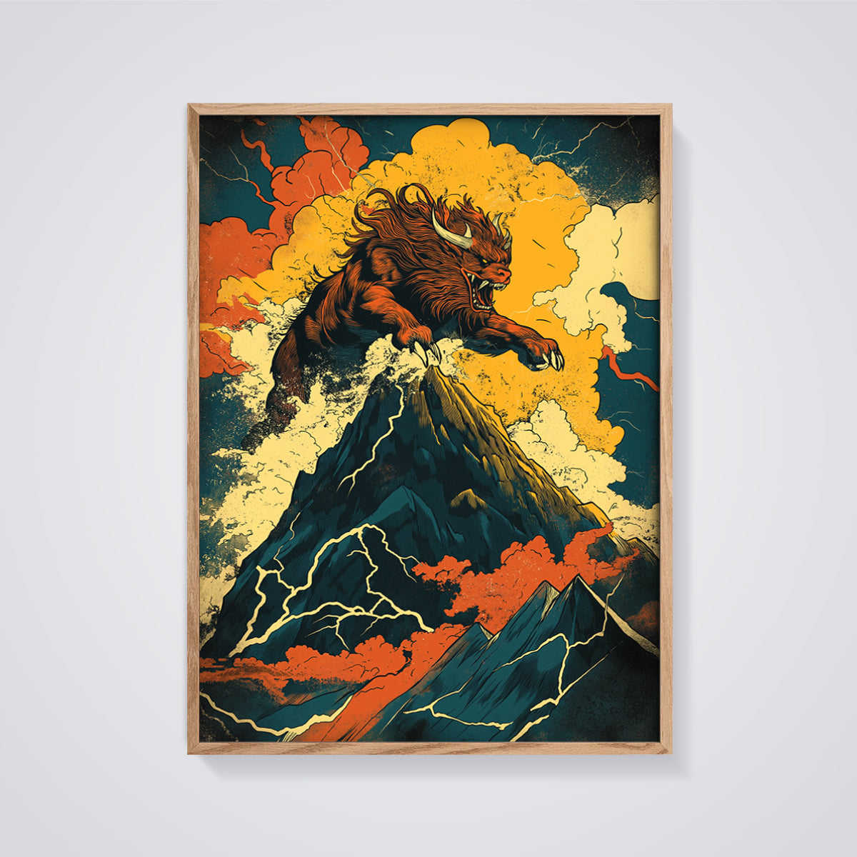 Raging Mountain Beast Print framed in oak on a grey background