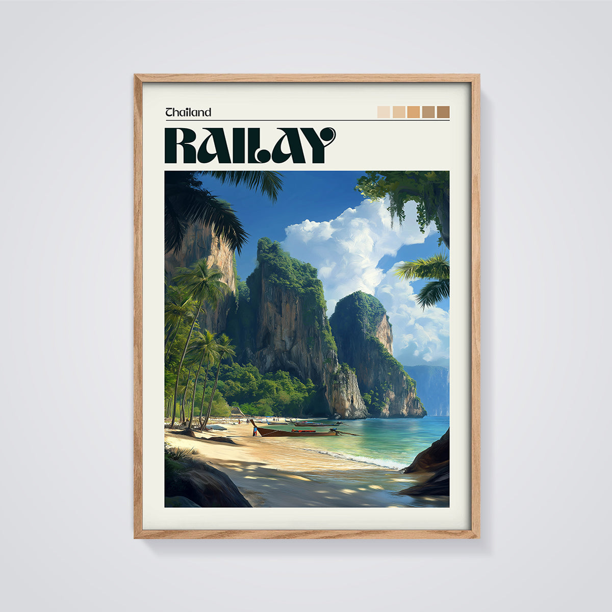 Railay Beach Thailand Print framed in oak on a grey background
