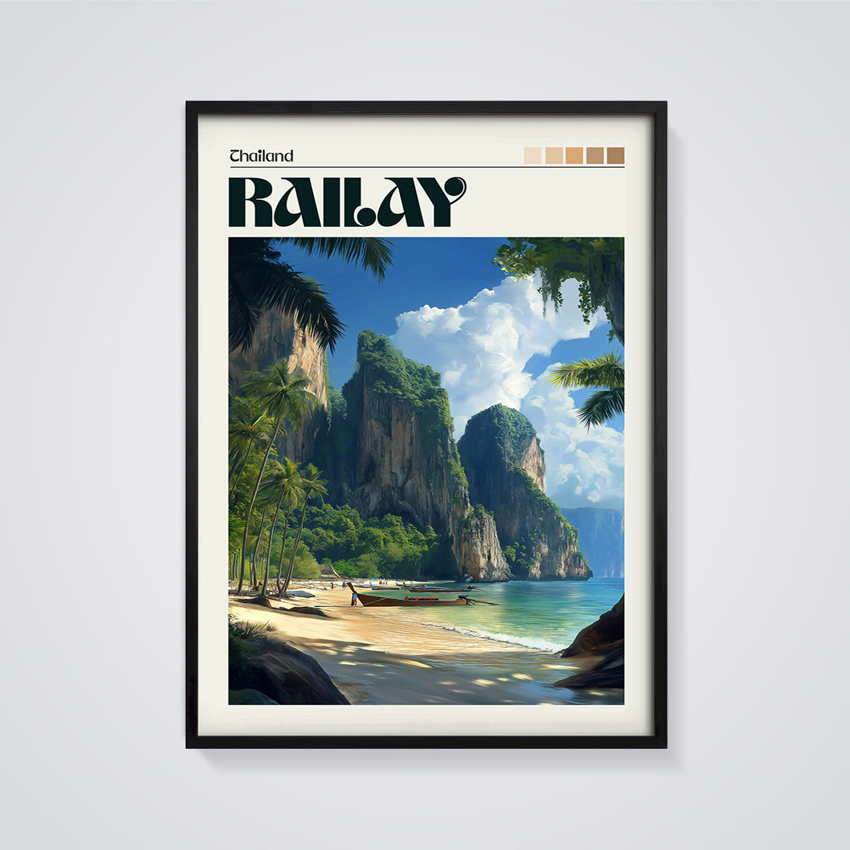 Railay Beach Thailand Print framed in black on a grey background