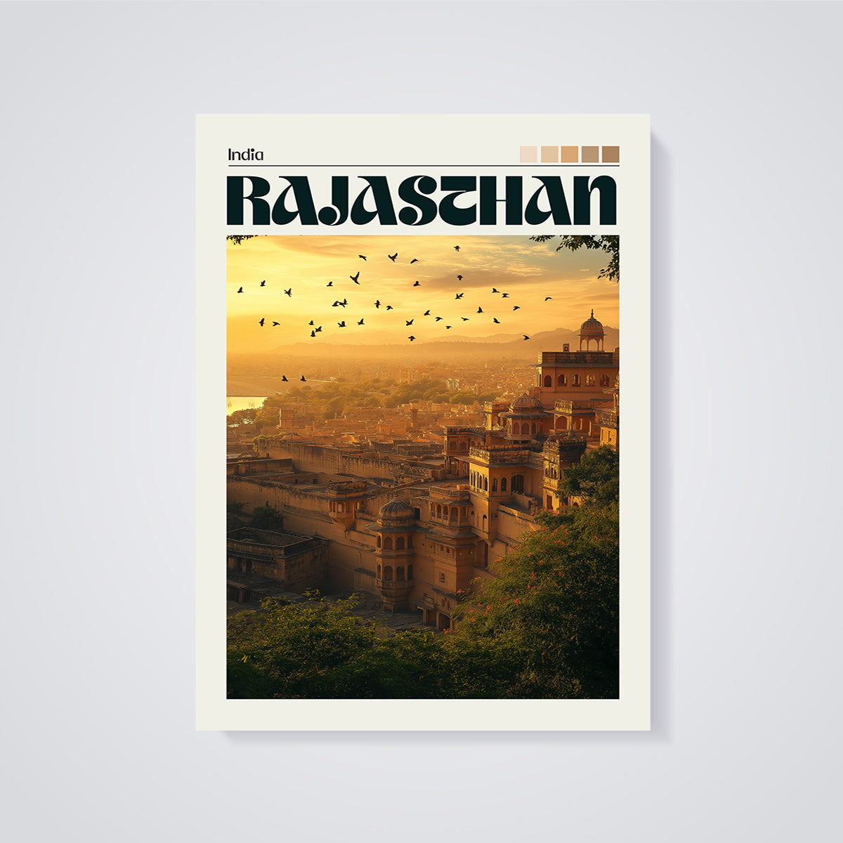 Rajasthan Golden Cityscape Print unframed on a grey background