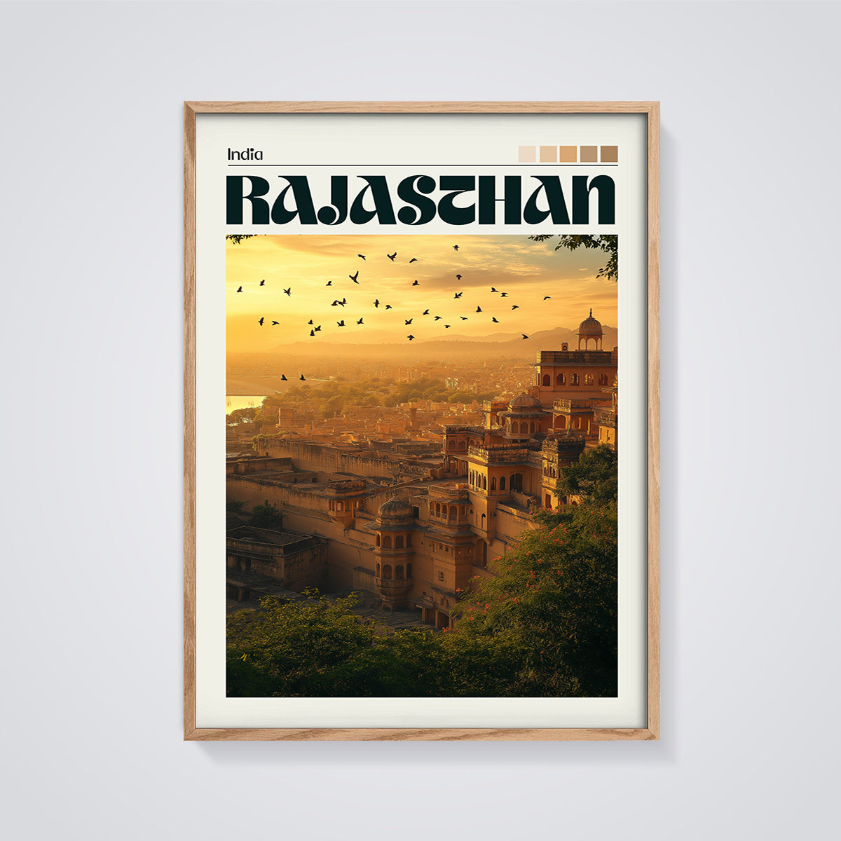Rajasthan Golden Cityscape Print framed in oak on a grey background