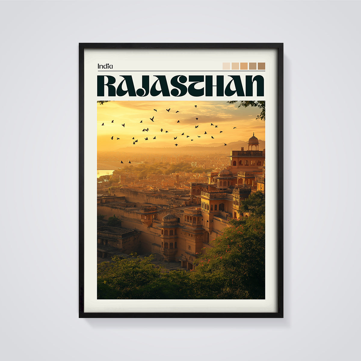 Rajasthan Golden Cityscape Print framed in black on a grey background