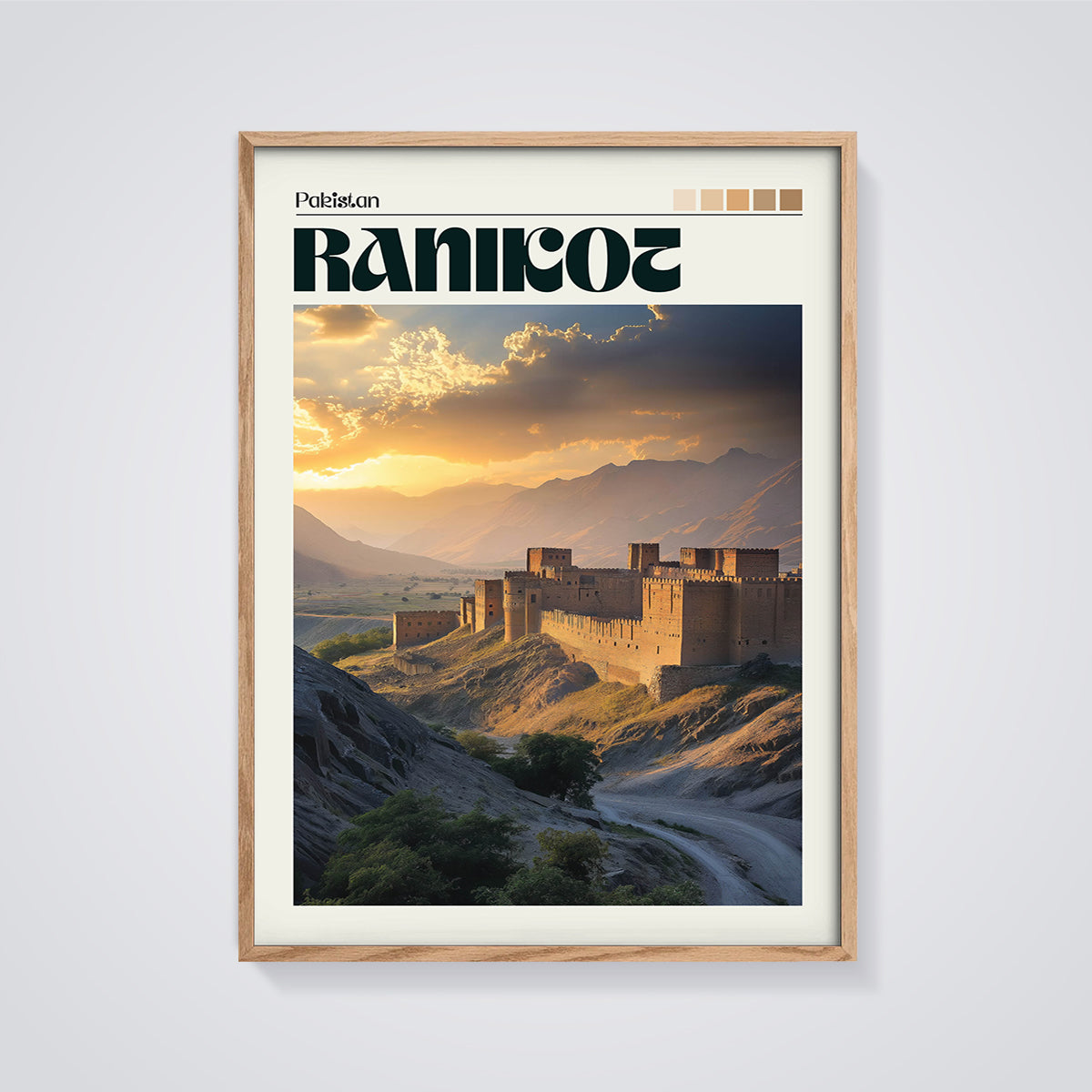 Ranikot Fort Sunset Print framed in oak on a grey background