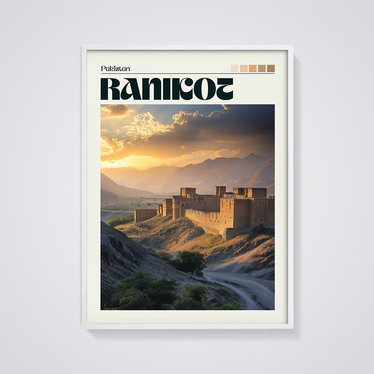 Ranikot Fort Sunset Print framed in white on a grey background