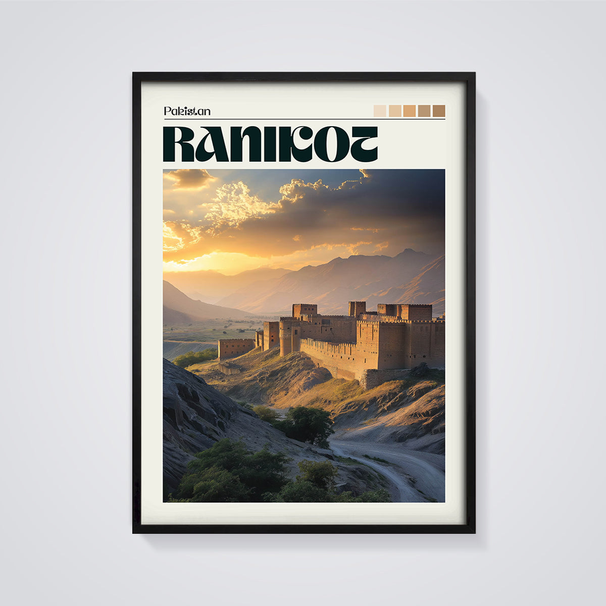 Ranikot Fort Sunset Print framed in black on a grey background