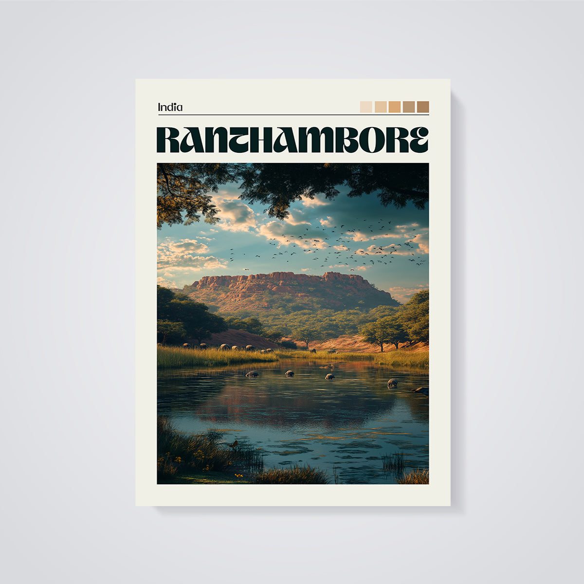 Ranthambore Wildlife Lake Print unframed on a grey background