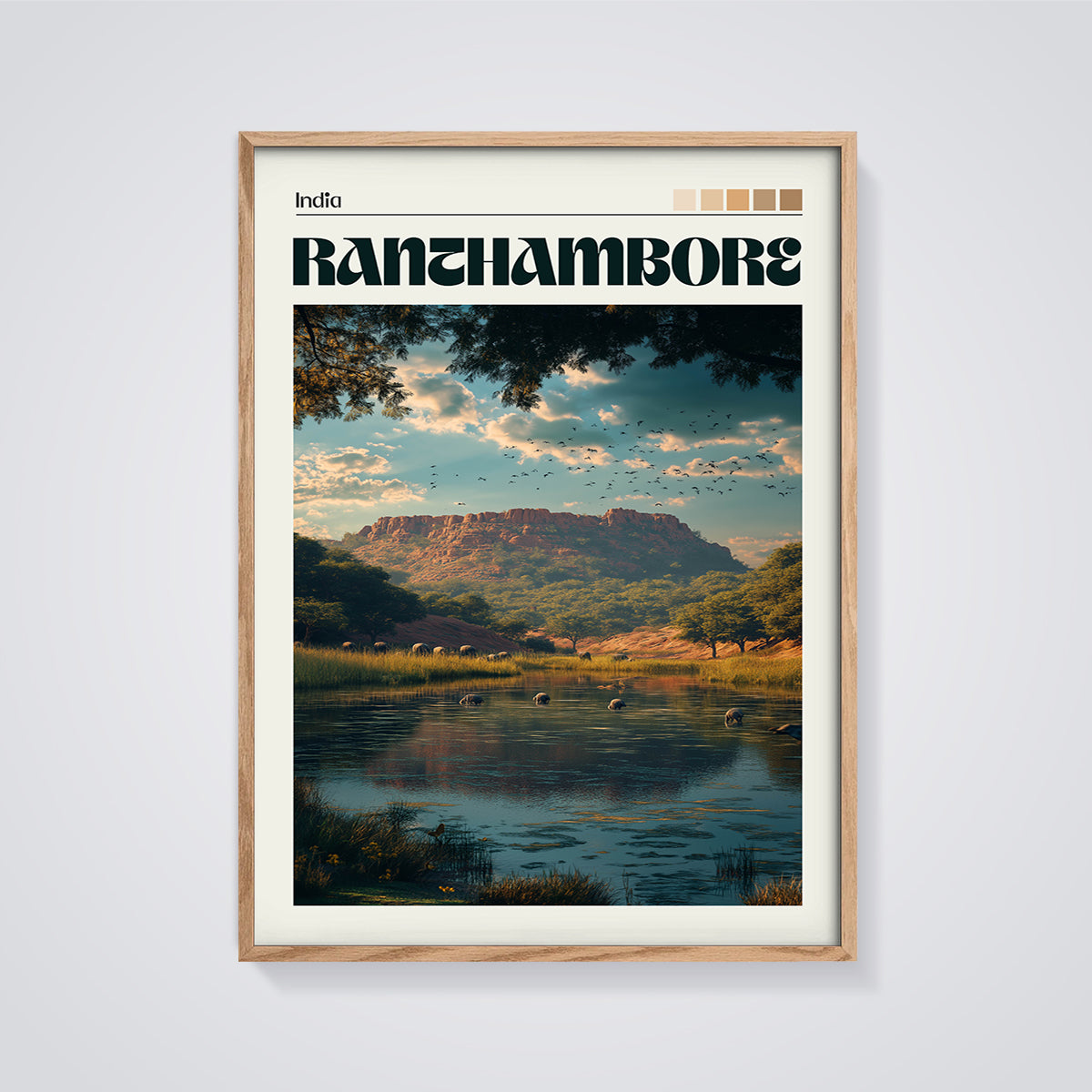 Ranthambore Wildlife Lake Print framed in oak on a grey background