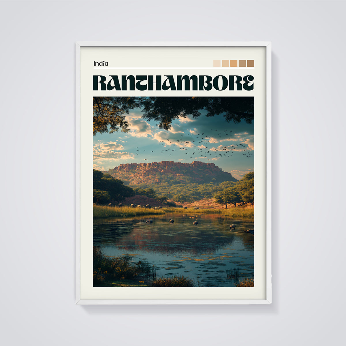 Ranthambore Wildlife Lake Print framed in white on a grey background