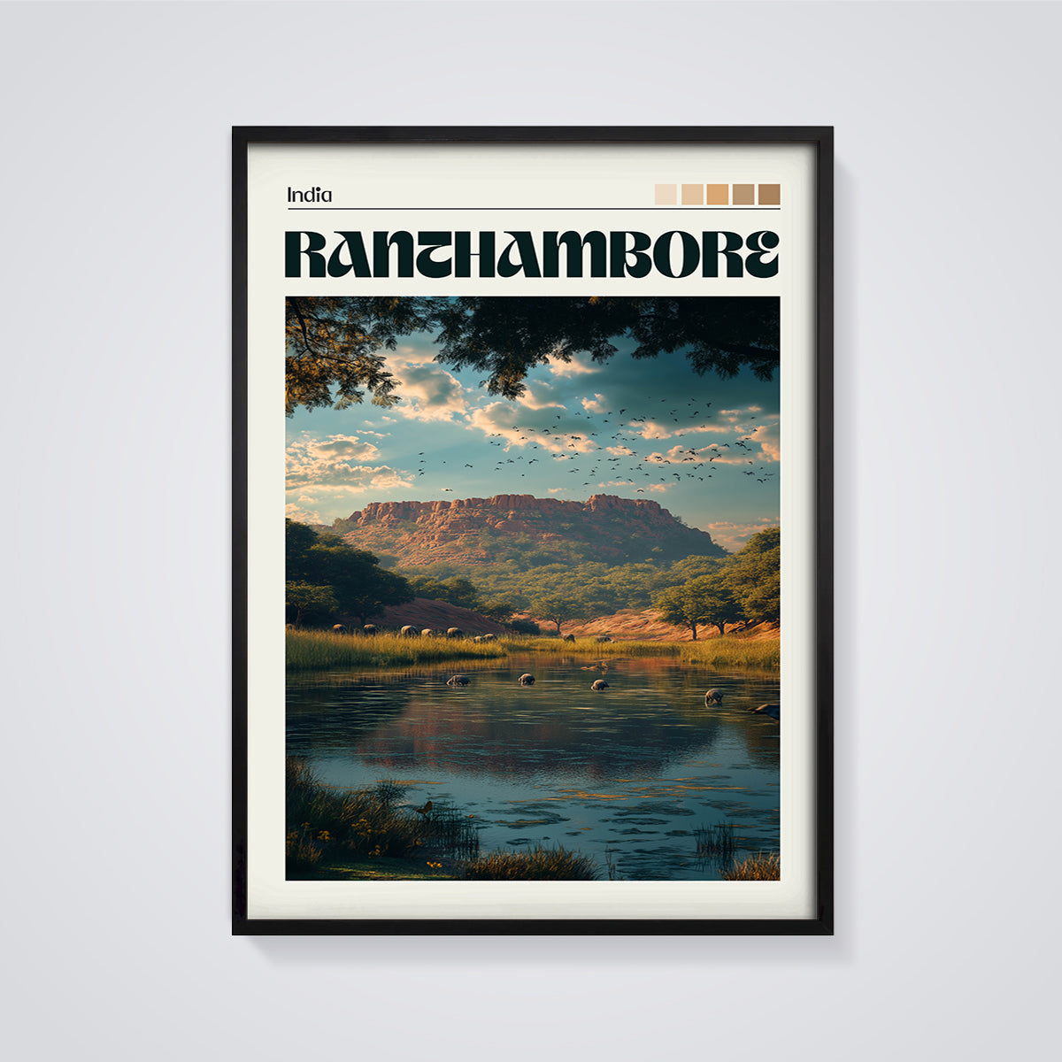 Ranthambore Wildlife Lake Print framed in black on a grey background