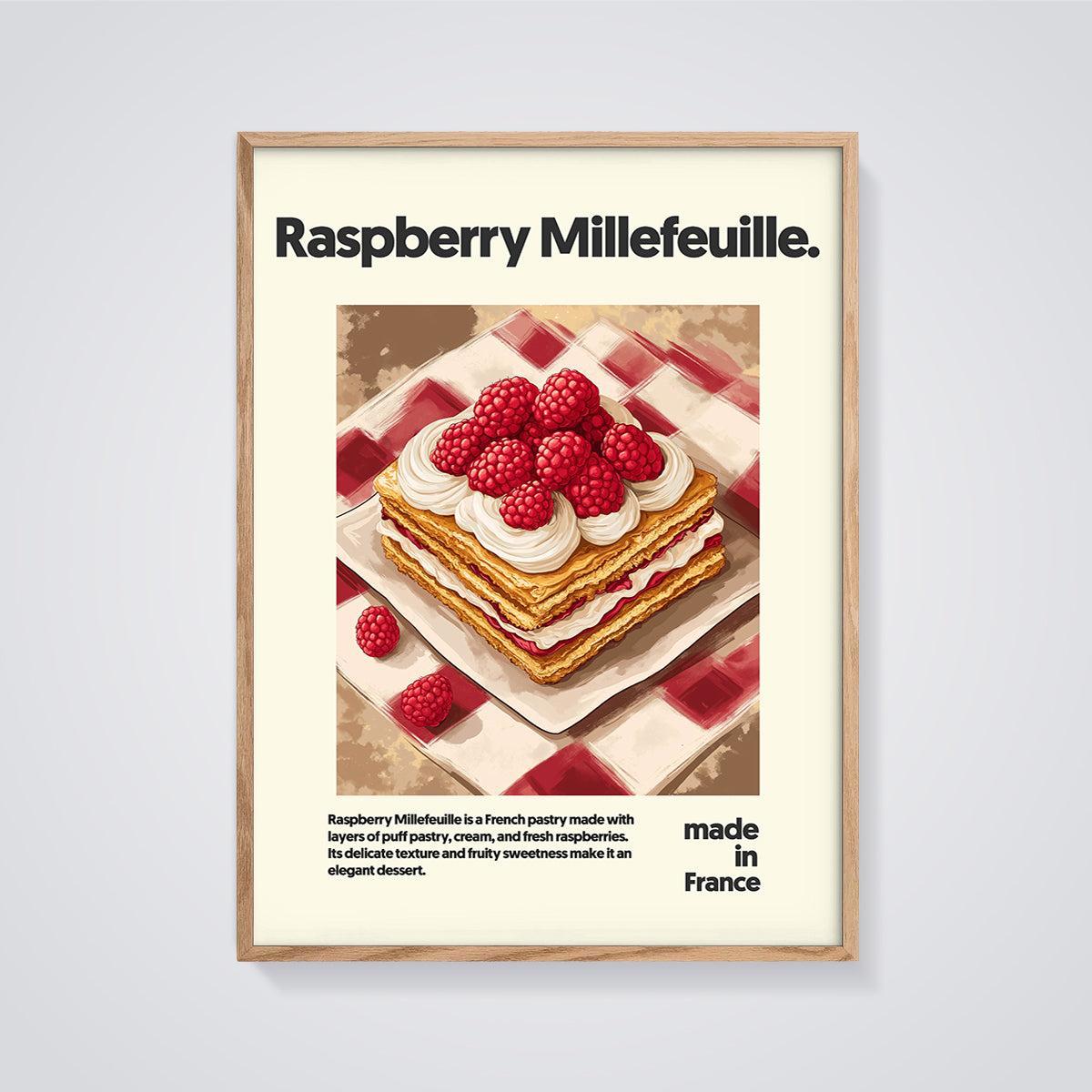 Raspberry Millefeuille Print framed in oak on a grey background