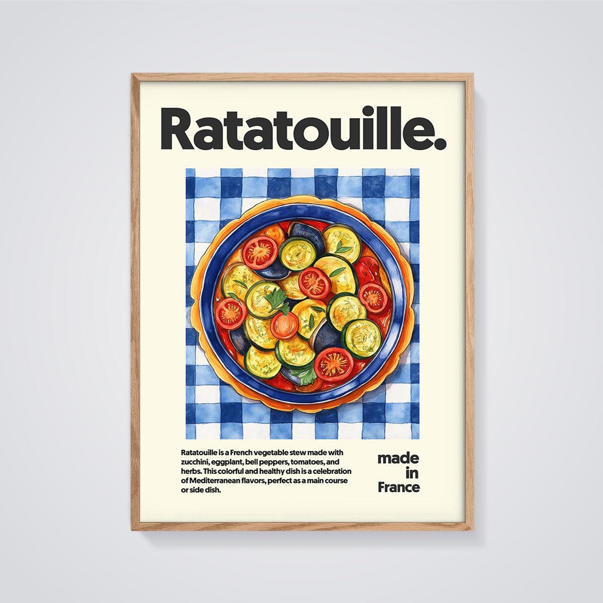 Ratatouille Dish Print framed in oak on a grey background