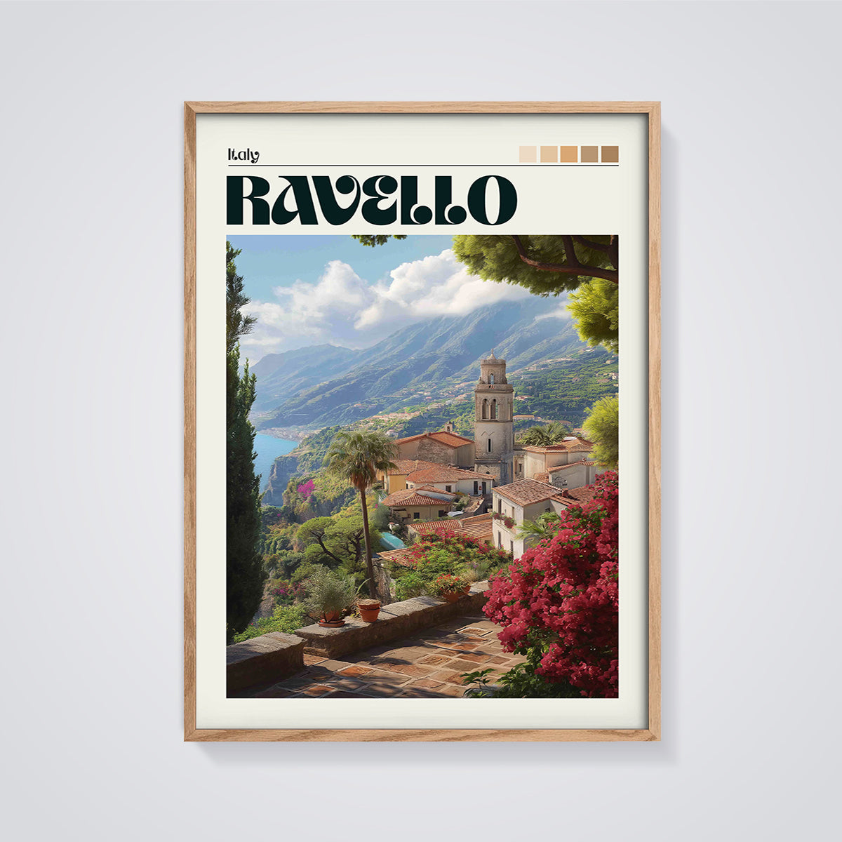 Ravello Italy Scenic View Print framed in oak on a grey background