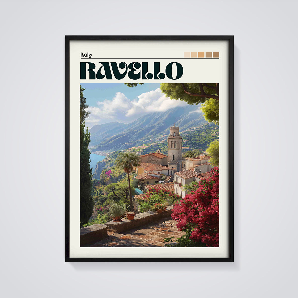 Ravello Italy Scenic View Print framed in black on a grey background