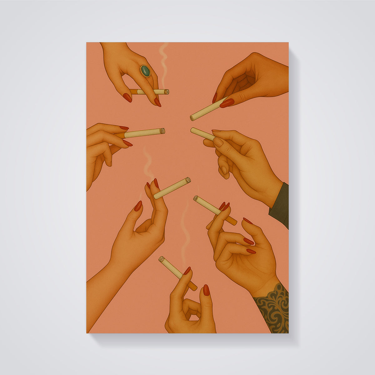 Red Nails Smoking Hands Print unframed on a grey background