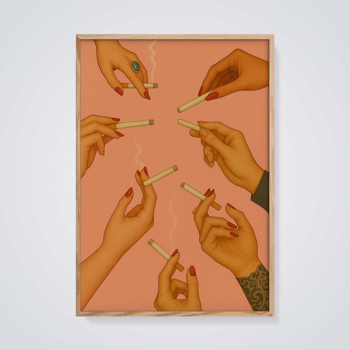 Red Nails Smoking Hands Print framed in oak on a grey background