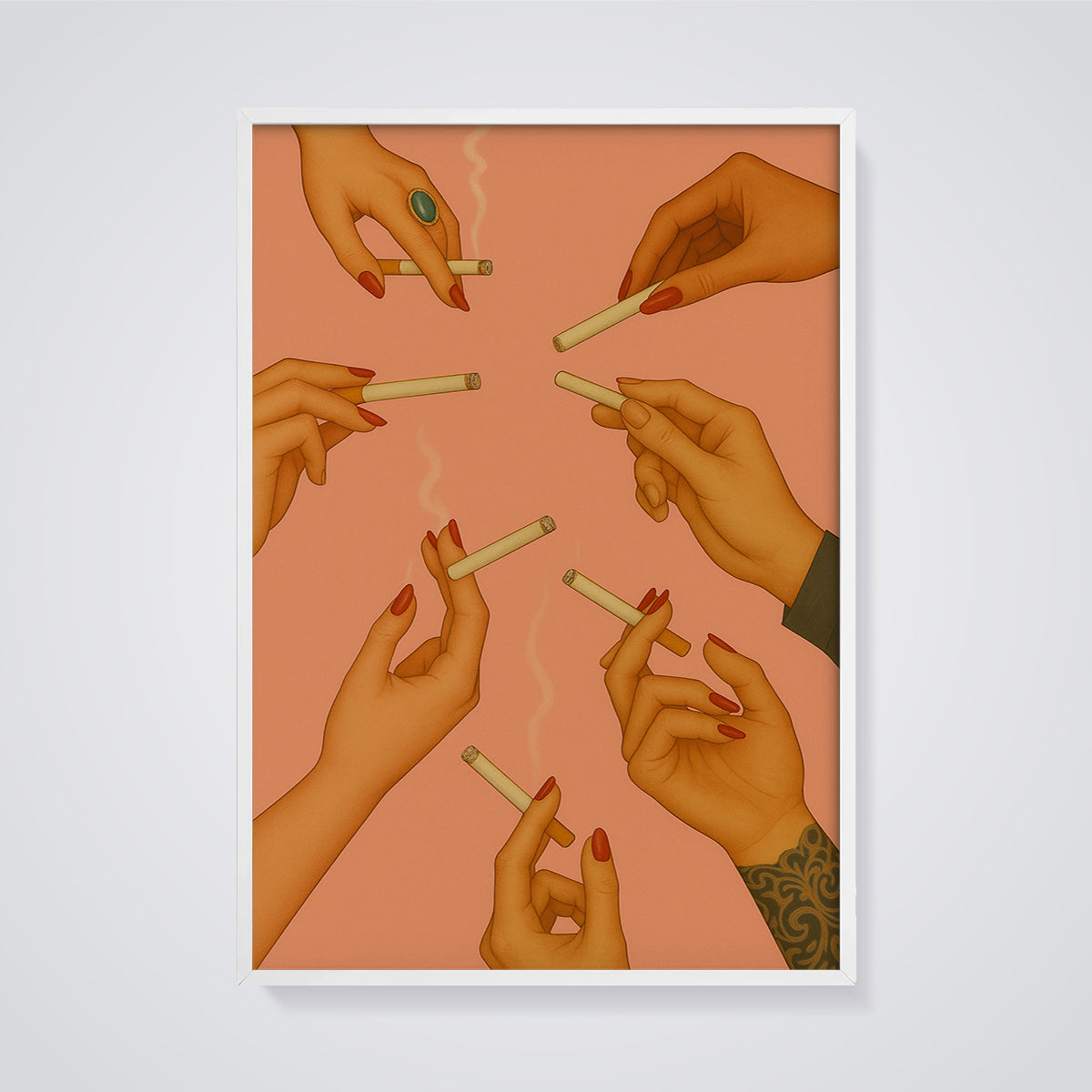 Red Nails Smoking Hands Print framed in white on a grey background