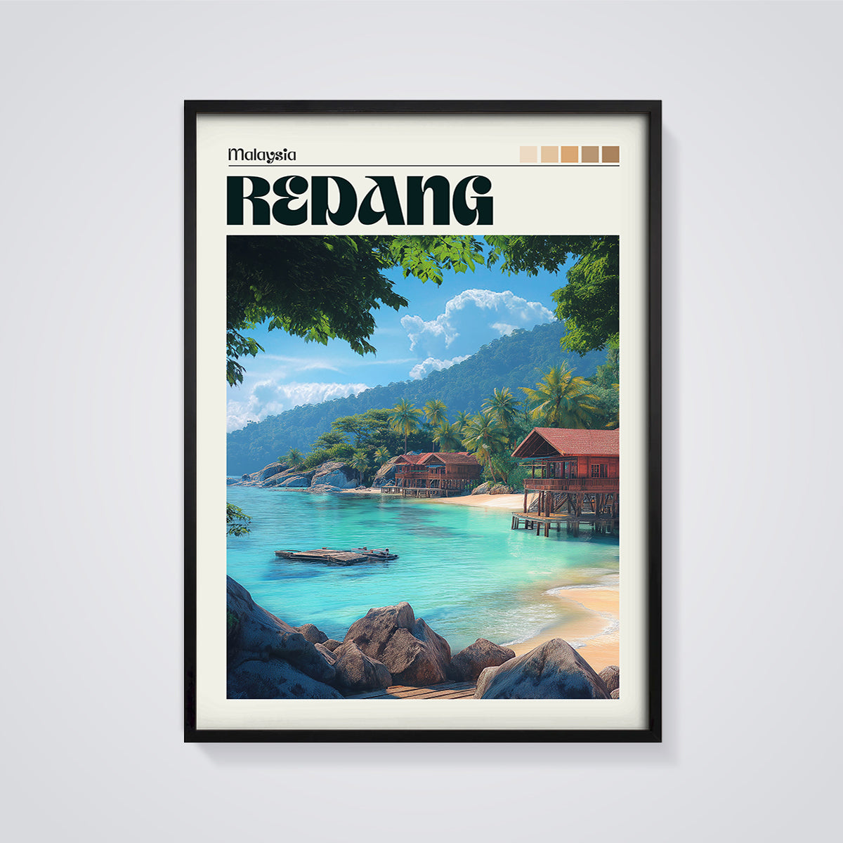 Redang Island Stilt Houses Print framed in black on a grey background