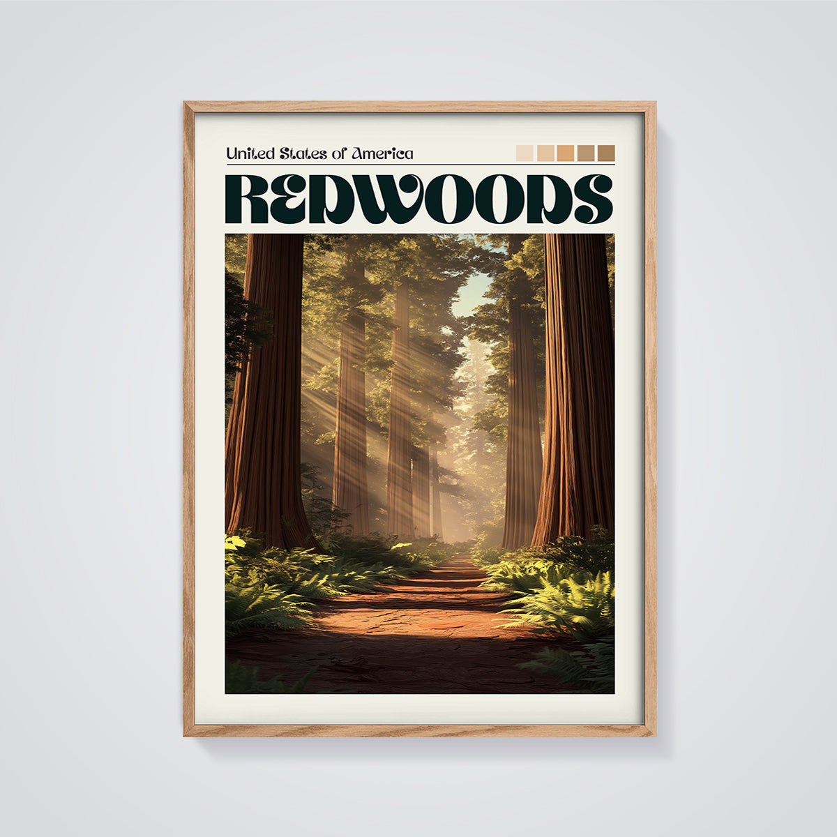 Redwoods Forest Print framed in oak on a grey background
