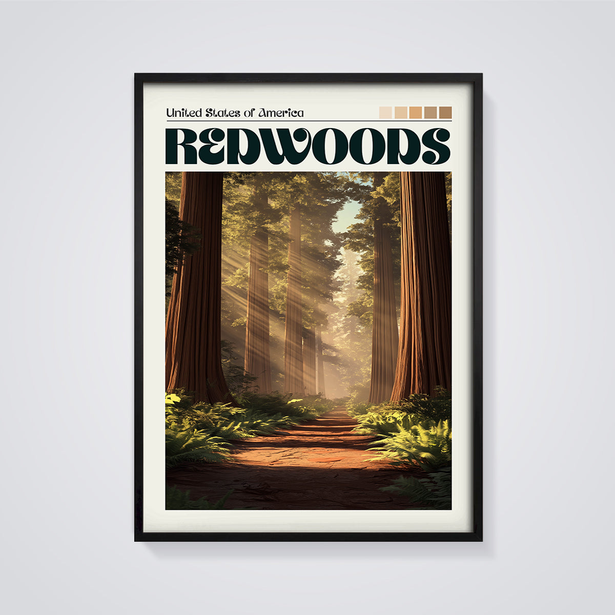 Redwoods Forest Print framed in black on a grey background