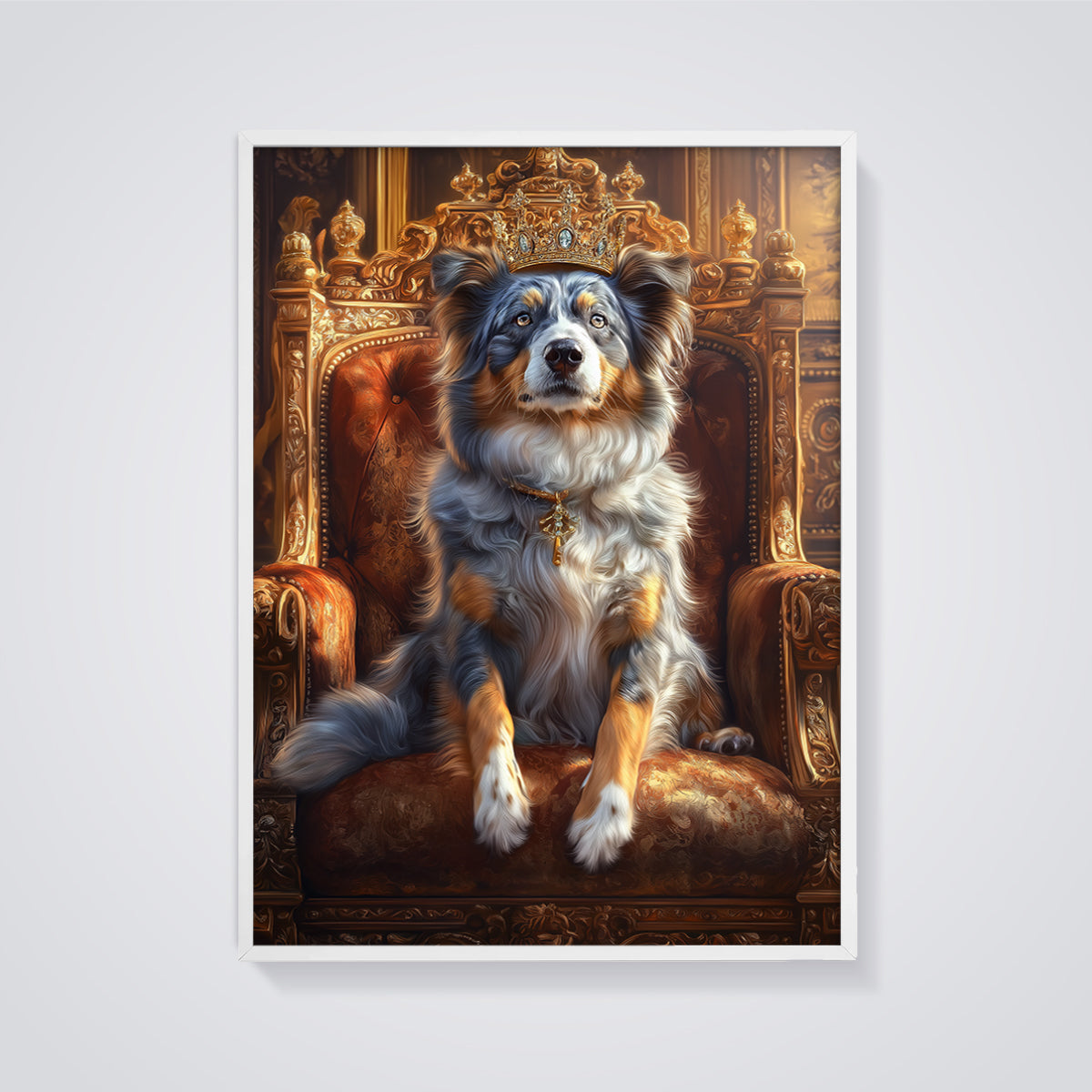 Regal Australian Shepherd King Print framed in white on a grey background