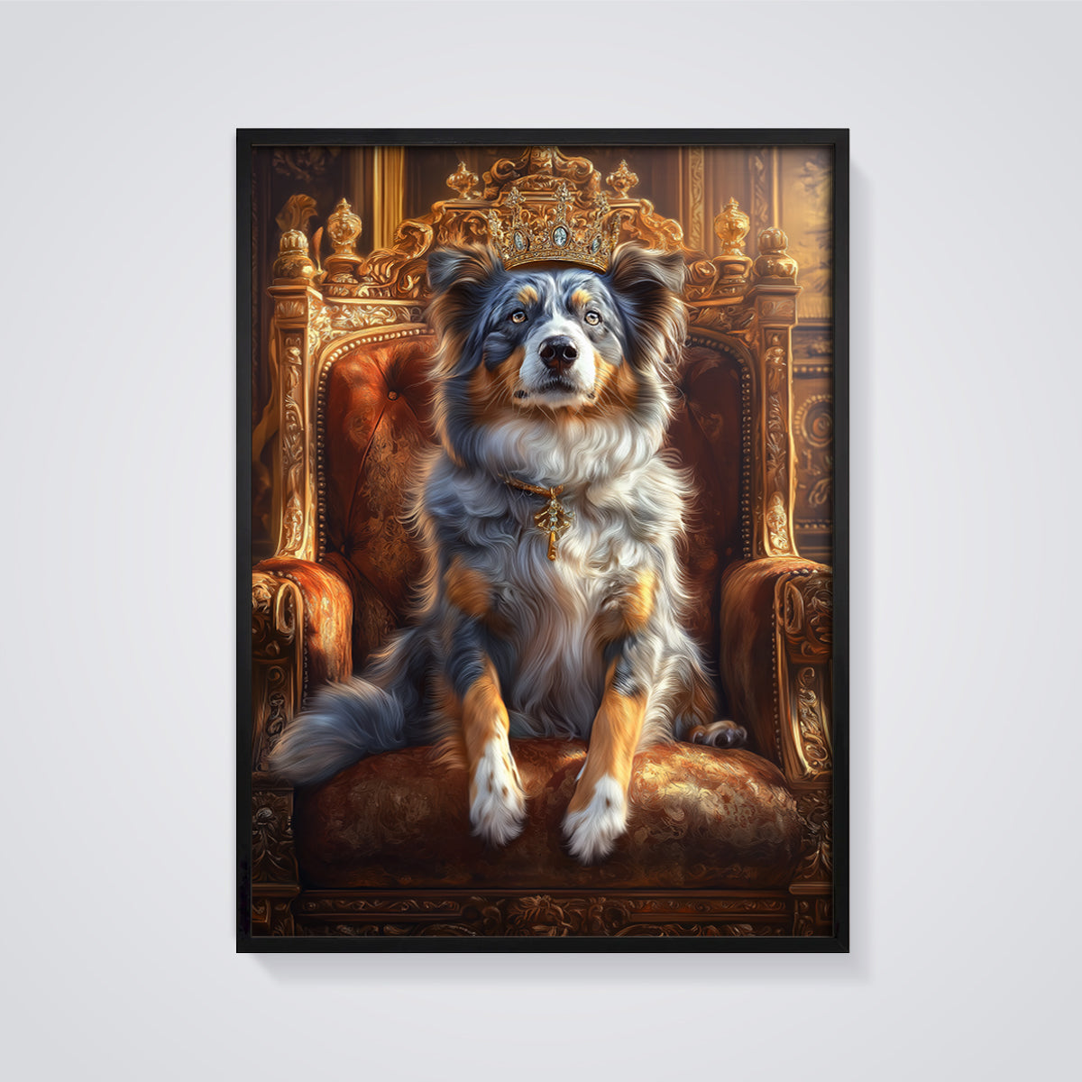 Regal Australian Shepherd King Print framed in black on a grey background