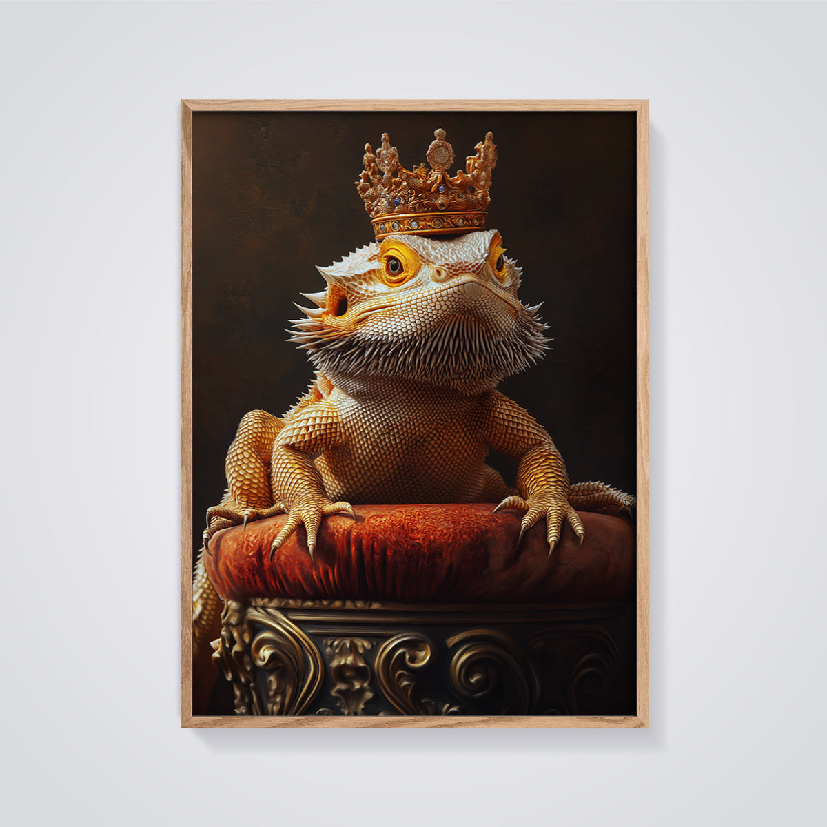 Regal Bearded Dragon Print framed in oak on a grey background