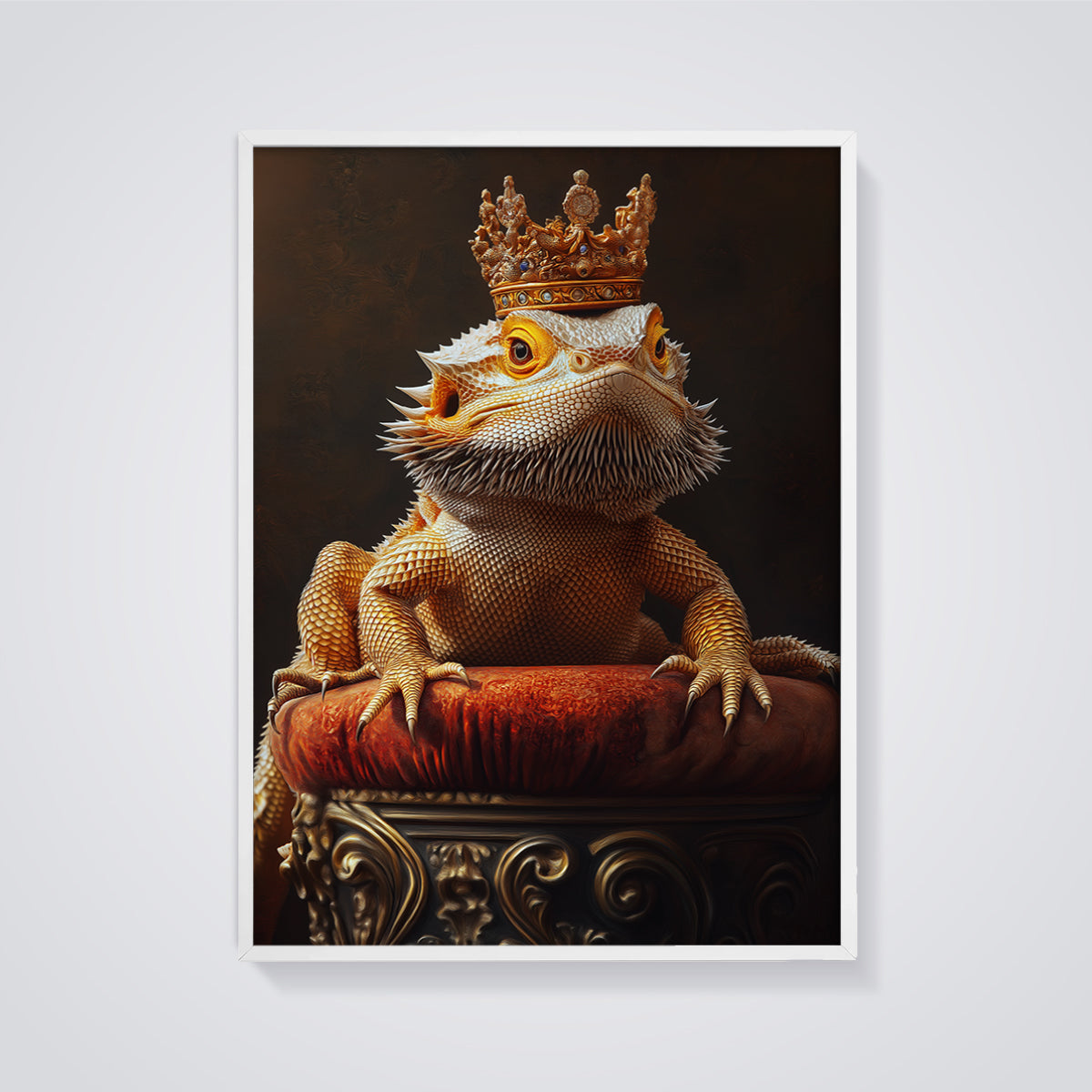 Regal Bearded Dragon Print framed in white on a grey background