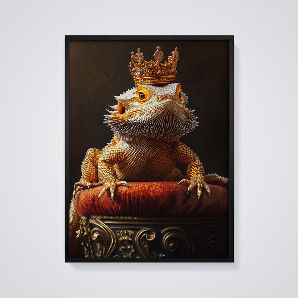 Regal Bearded Dragon Print framed in black on a grey background