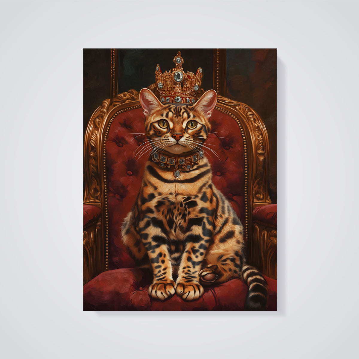 Regal Bengal Cat Throne Print unframed on a grey background