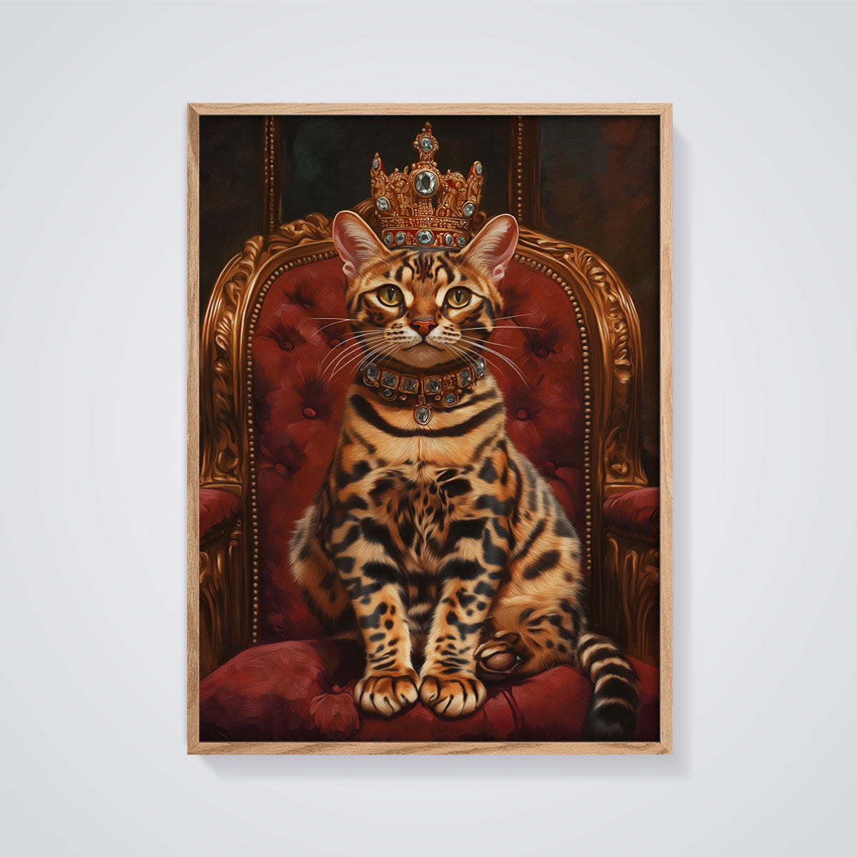 Regal Bengal Cat Throne Print framed in oak on a grey background