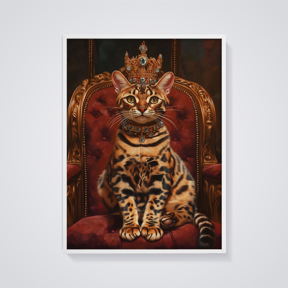 Regal Bengal Cat Throne Print framed in white on a grey background