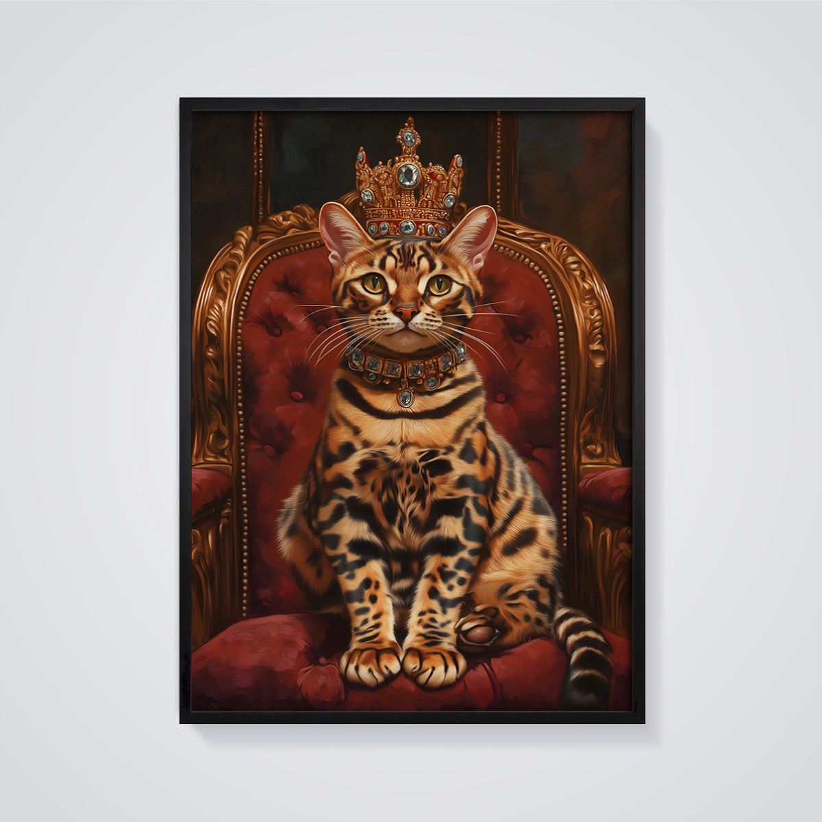 Regal Bengal Cat Throne Print framed in black on a grey background