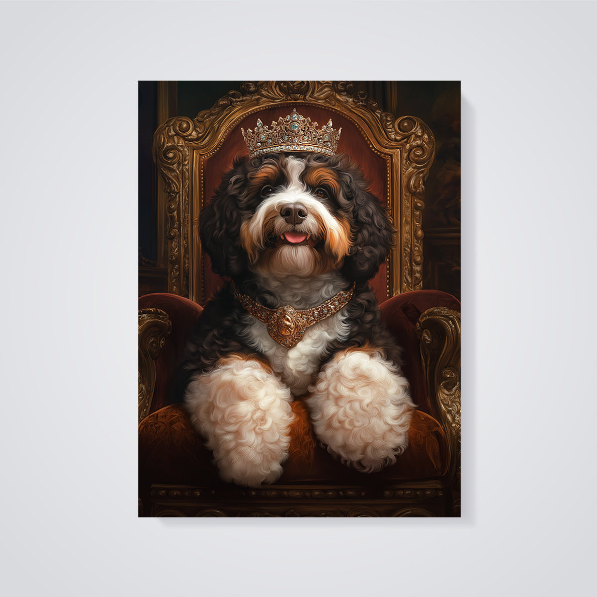 Regal Bernese Mountain Dog Print unframed on a grey background