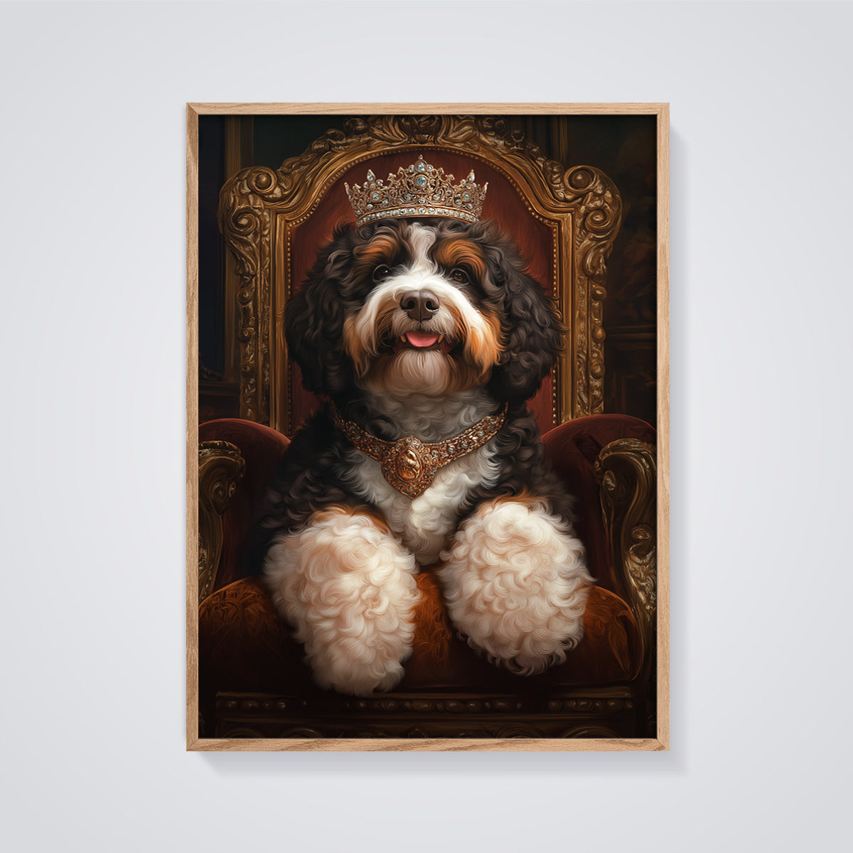 Regal Bernese Mountain Dog Print framed in oak on a grey background