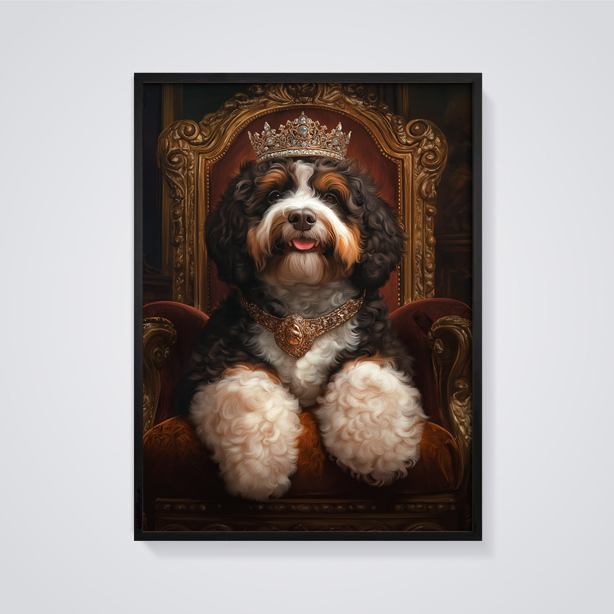 Regal Bernese Mountain Dog Print framed in black on a grey background