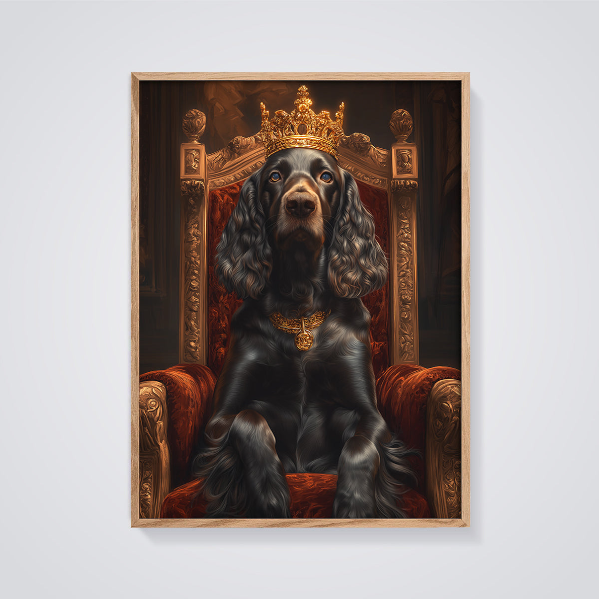 Regal Black Dog King Print framed in oak on a grey background