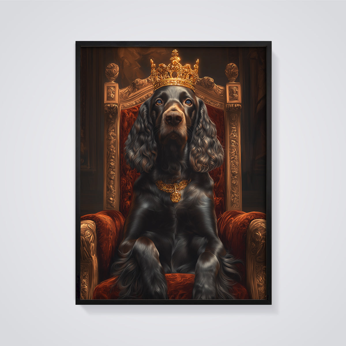 Regal Black Dog King Print framed in black on a grey background