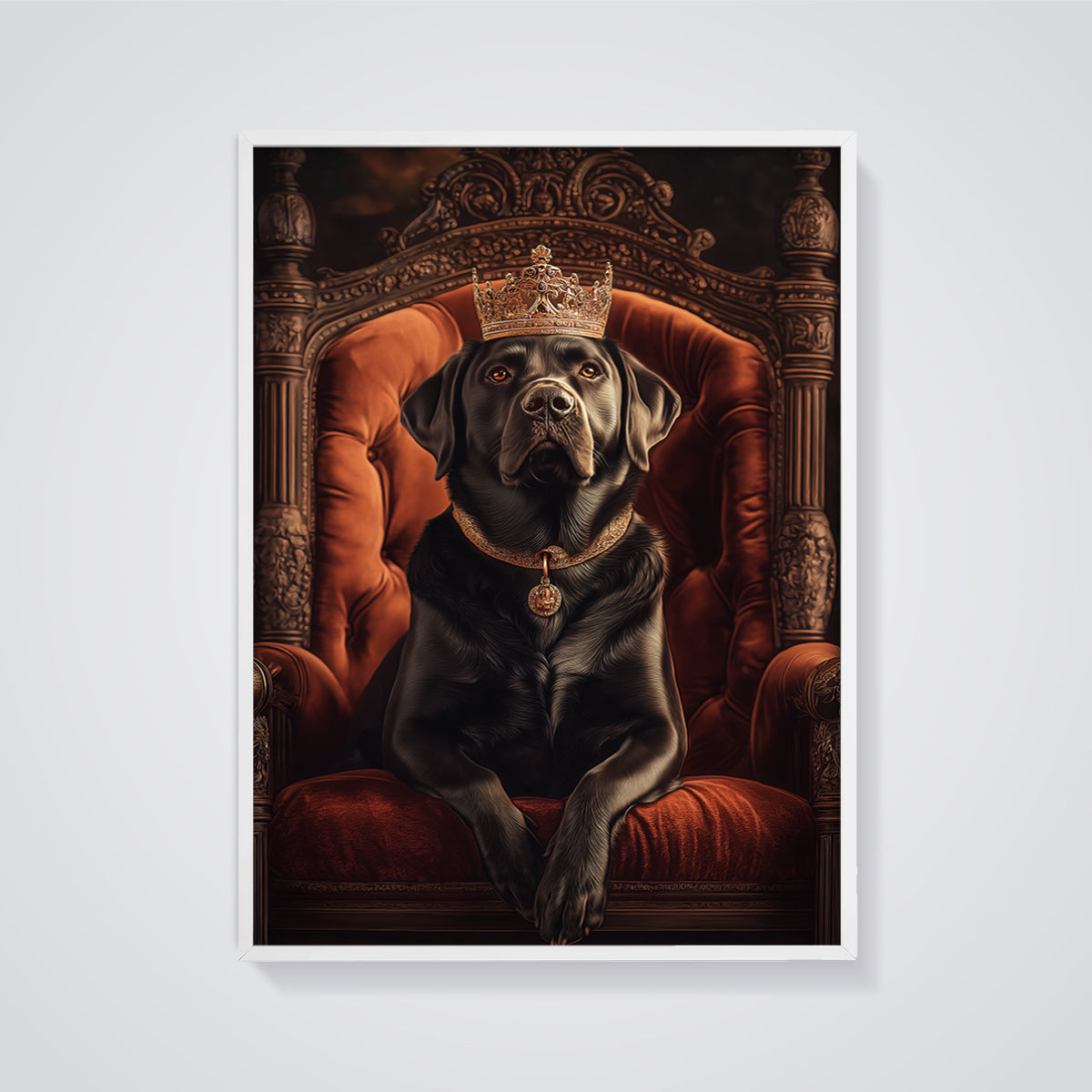 Regal Black Labrador King Print framed in white on a grey background