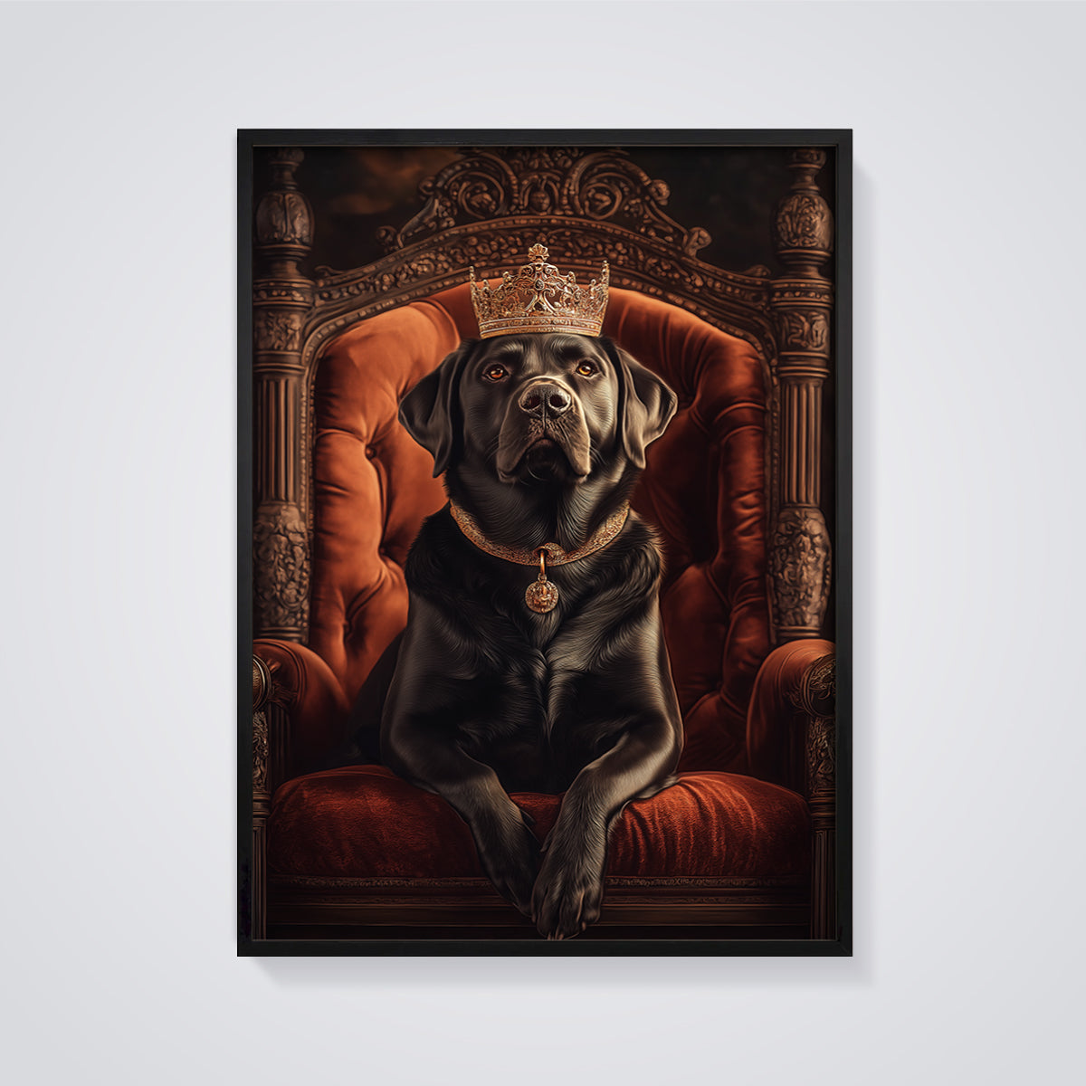 Regal Black Labrador King Print framed in black on a grey background