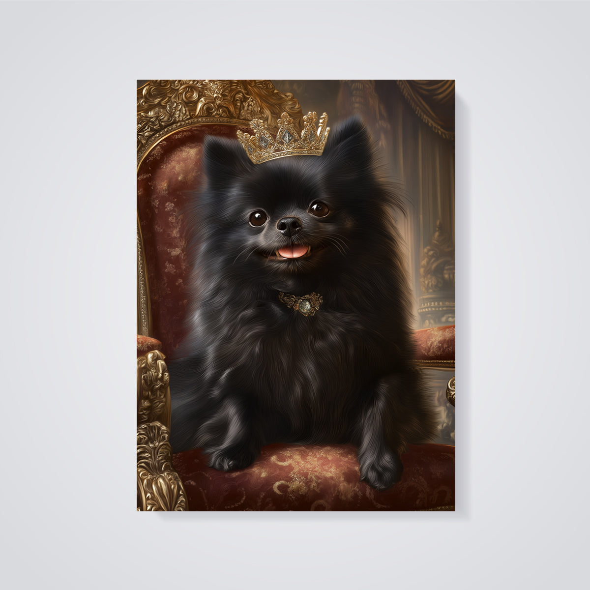 Regal Black Pomeranian Print unframed on a grey background
