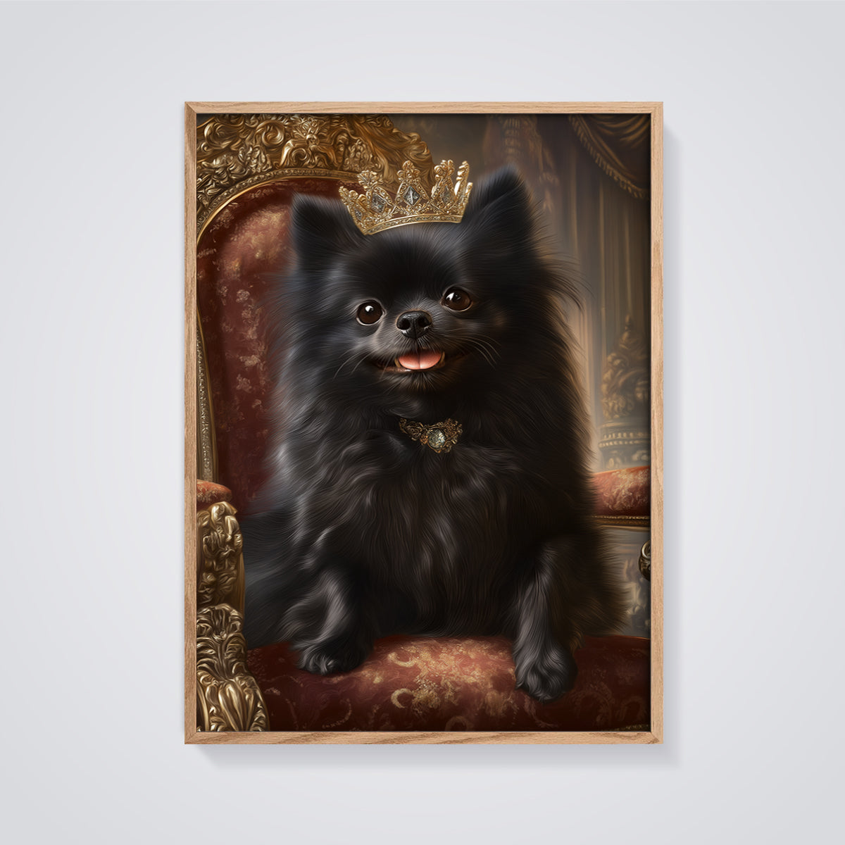 Regal Black Pomeranian Print framed in oak on a grey background