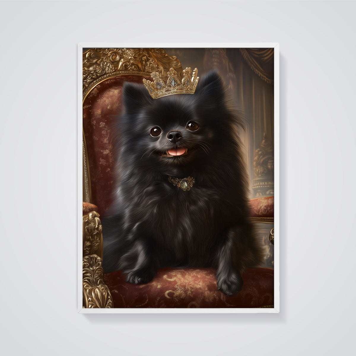 Regal Black Pomeranian Print framed in white on a grey background