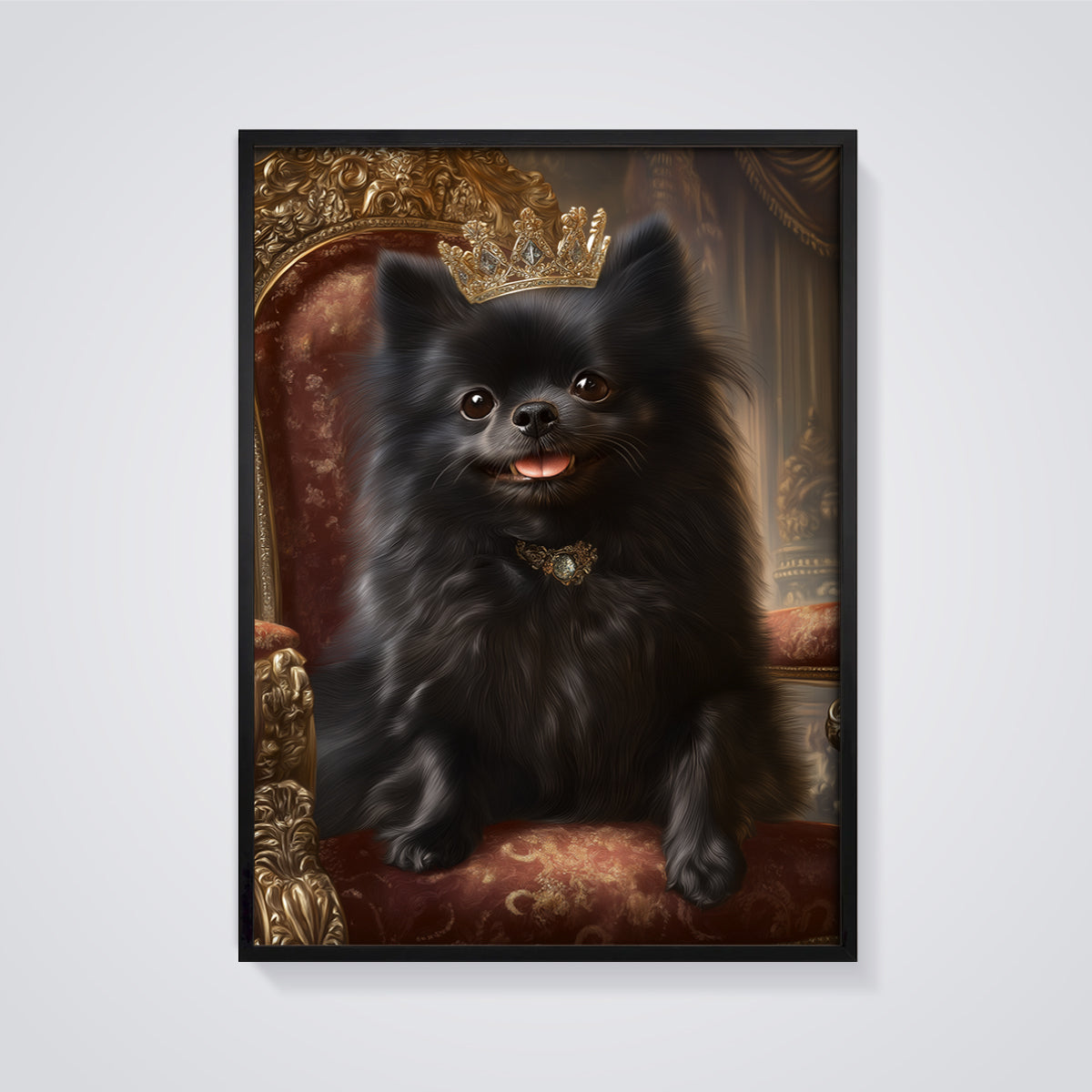 Regal Black Pomeranian Print framed in black on a grey background