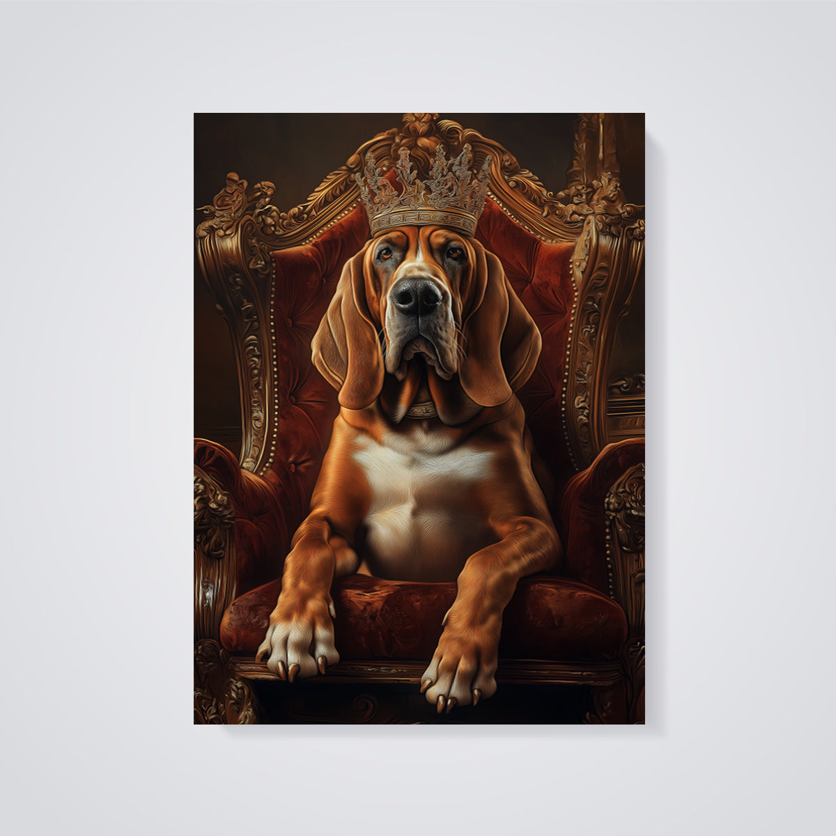 Regal Bloodhound King Print unframed on a grey background