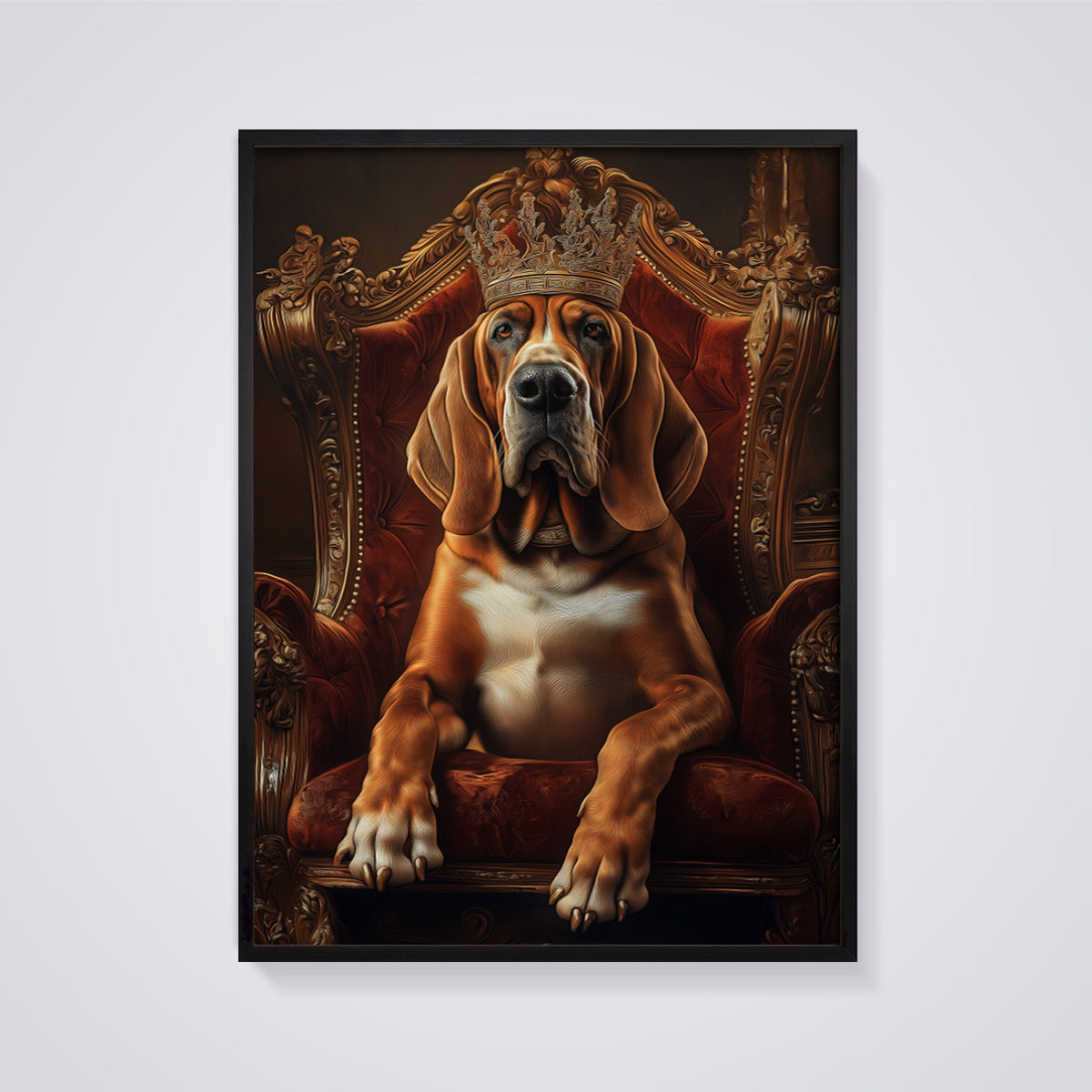 Regal Bloodhound King Print framed in black on a grey background