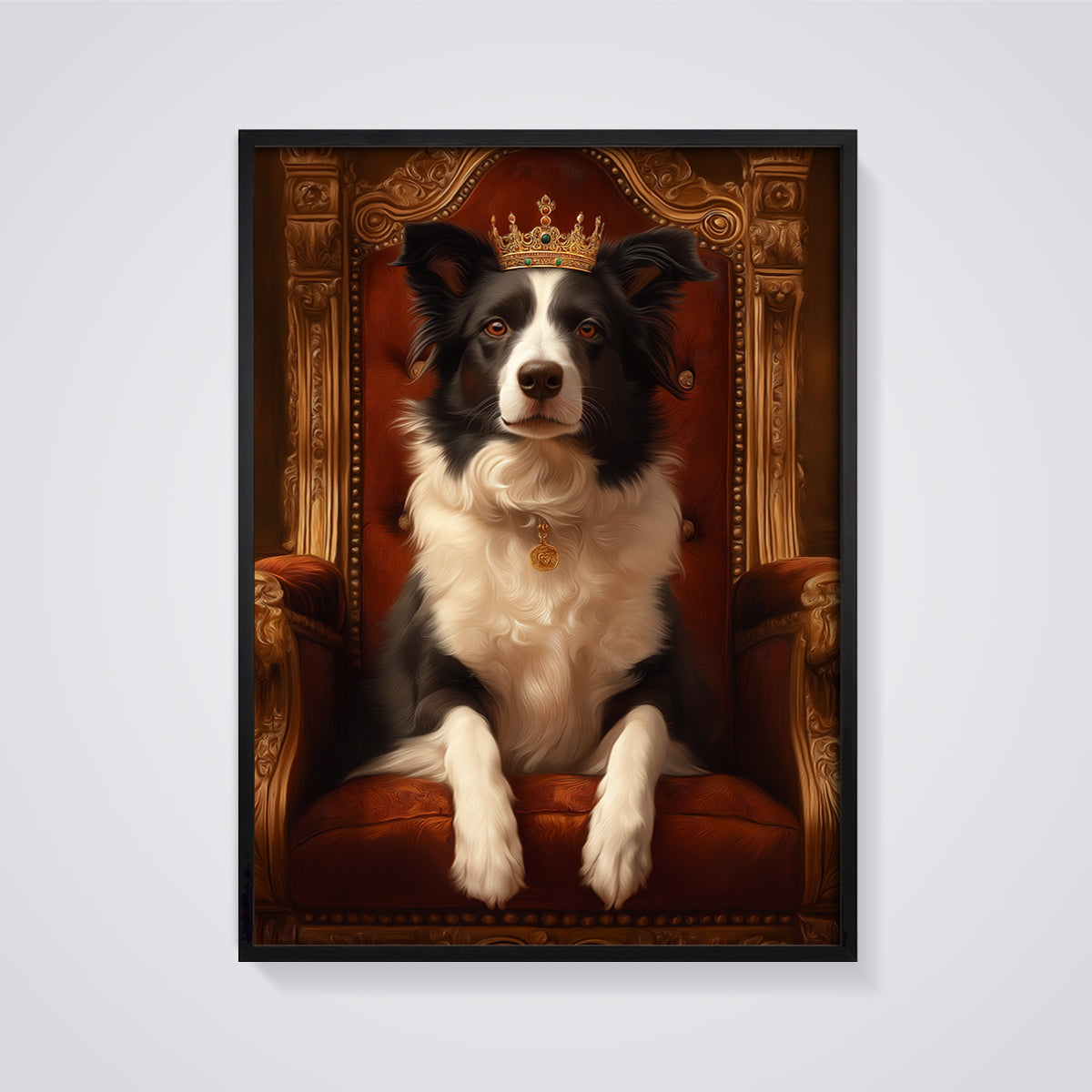 Regal Border Collie Throne Print framed in black on a grey background