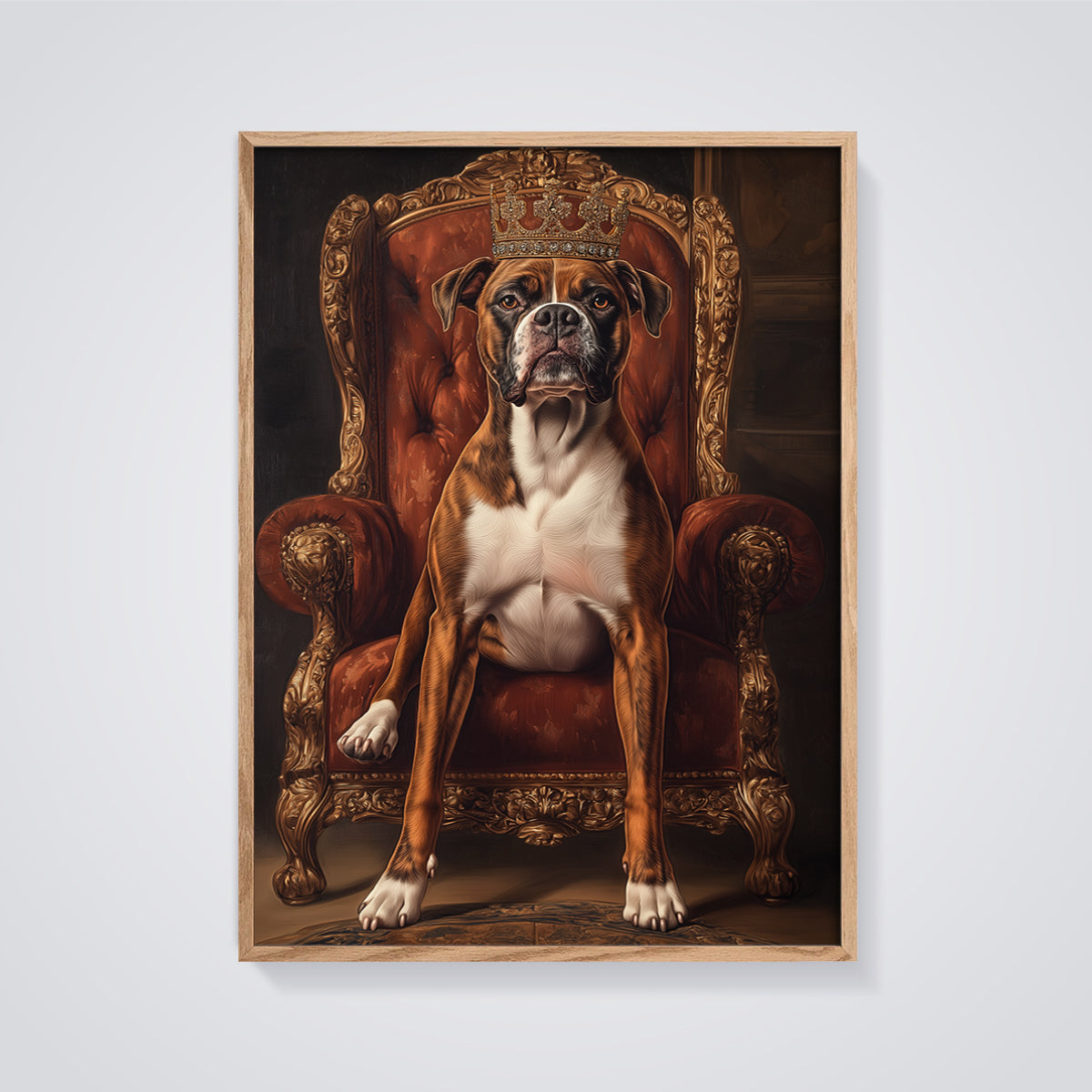 Regal Boxer King Print framed in oak on a grey background
