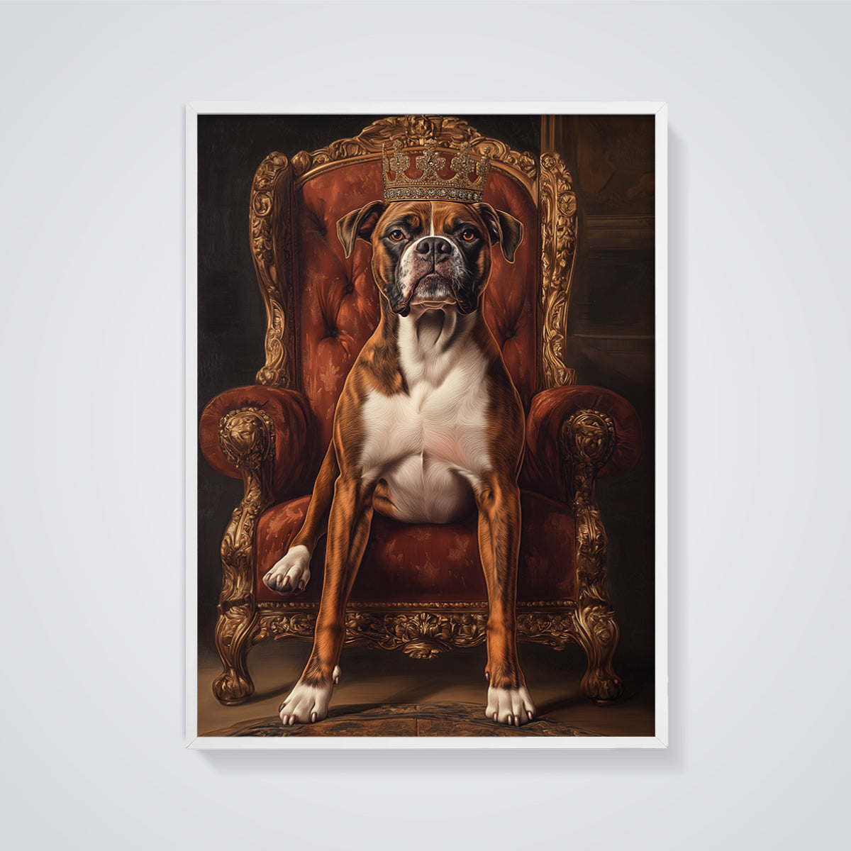 Regal Boxer King Print framed in white on a grey background
