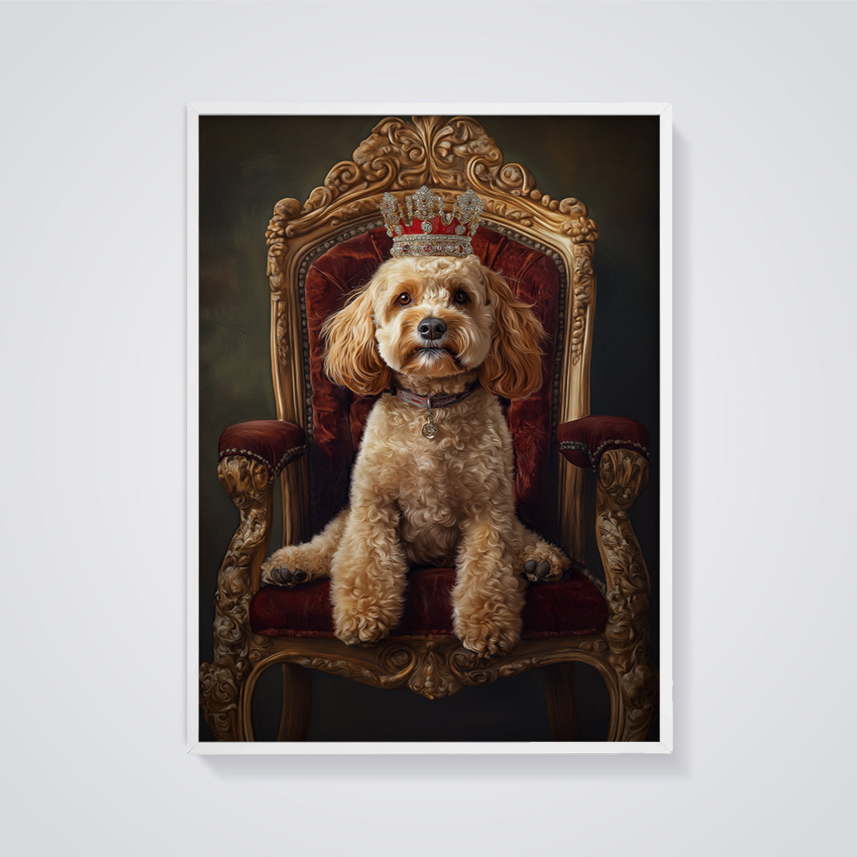 Regal Canine Crown Print framed in white on a grey background