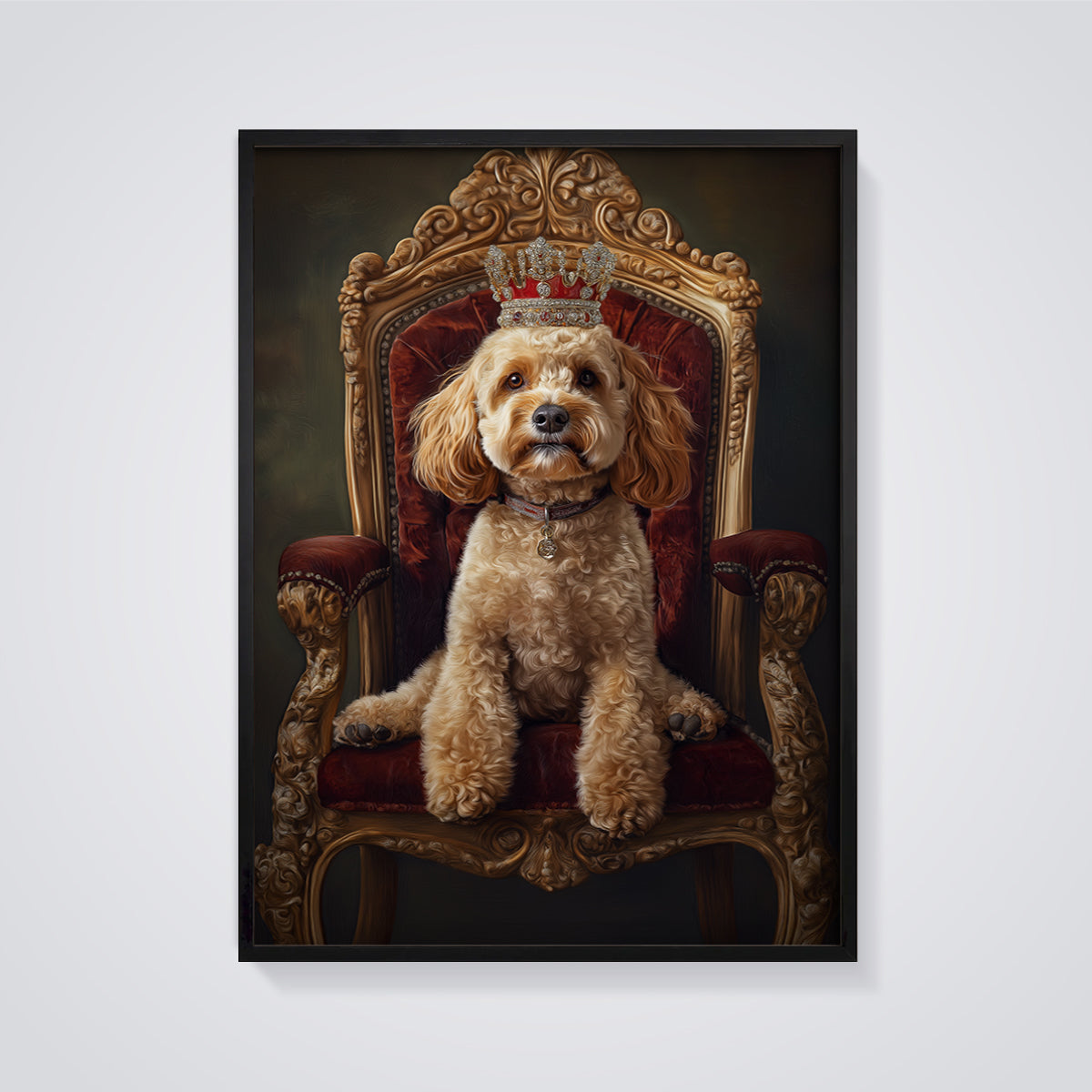 Regal Canine Crown Print framed in black on a grey background